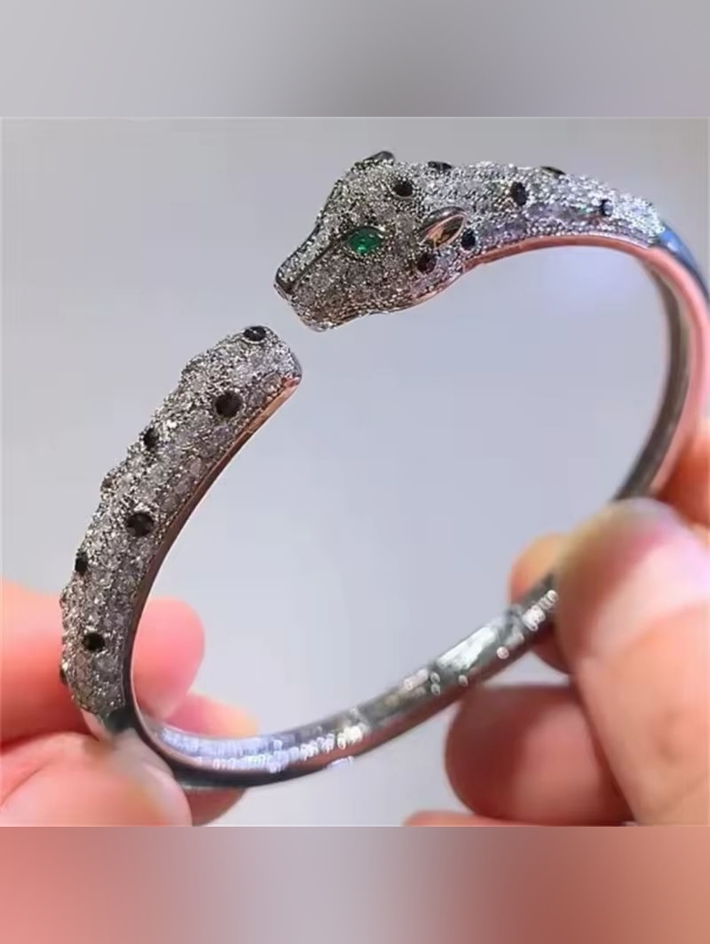 Silver Pavé Panther -Head Hinged Bracelet with Green Eyes - Picture 6 of 9